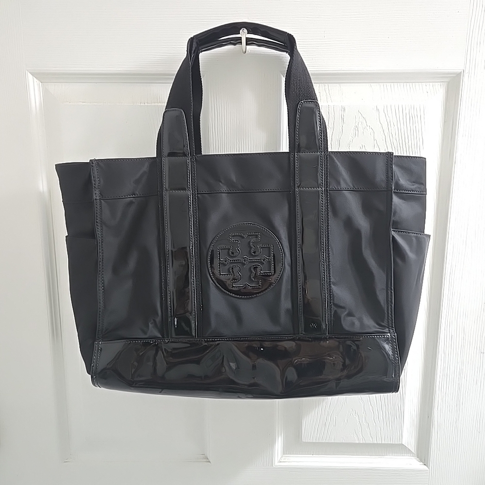 Tory Burch Ella Black Nylon Tote Bag Patent Leather